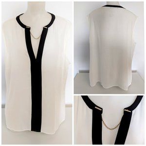 Chic Black & White Sleeveless Deep V Neck Blouse W/ Golden Chain Sz L, NWOT